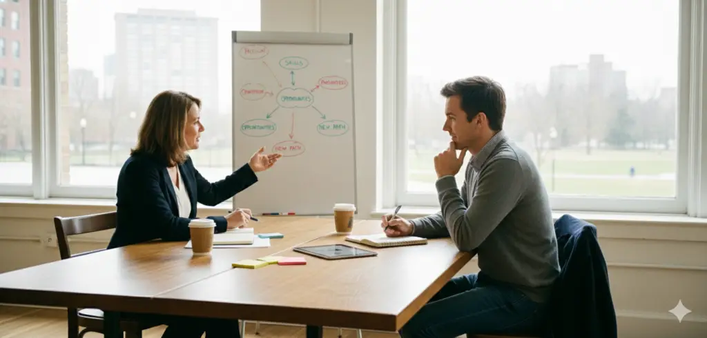 Deux personnes travaillent sur leur reconversion professionnelle.