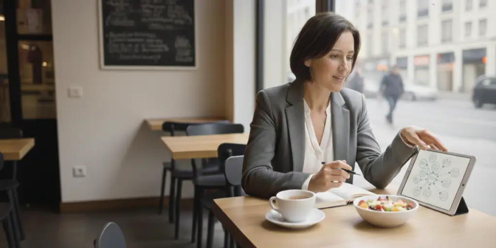 Une dame travaille sur son projet de franchise dans un café.