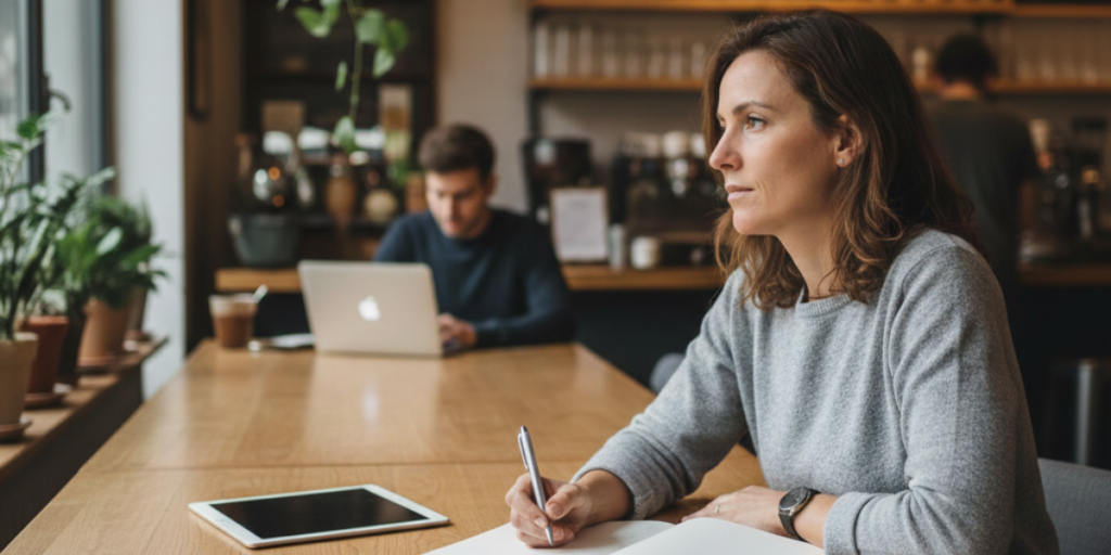Femme réflechissant à la possibilité d’entreprendre à son bureau. (Image générée avec IA)