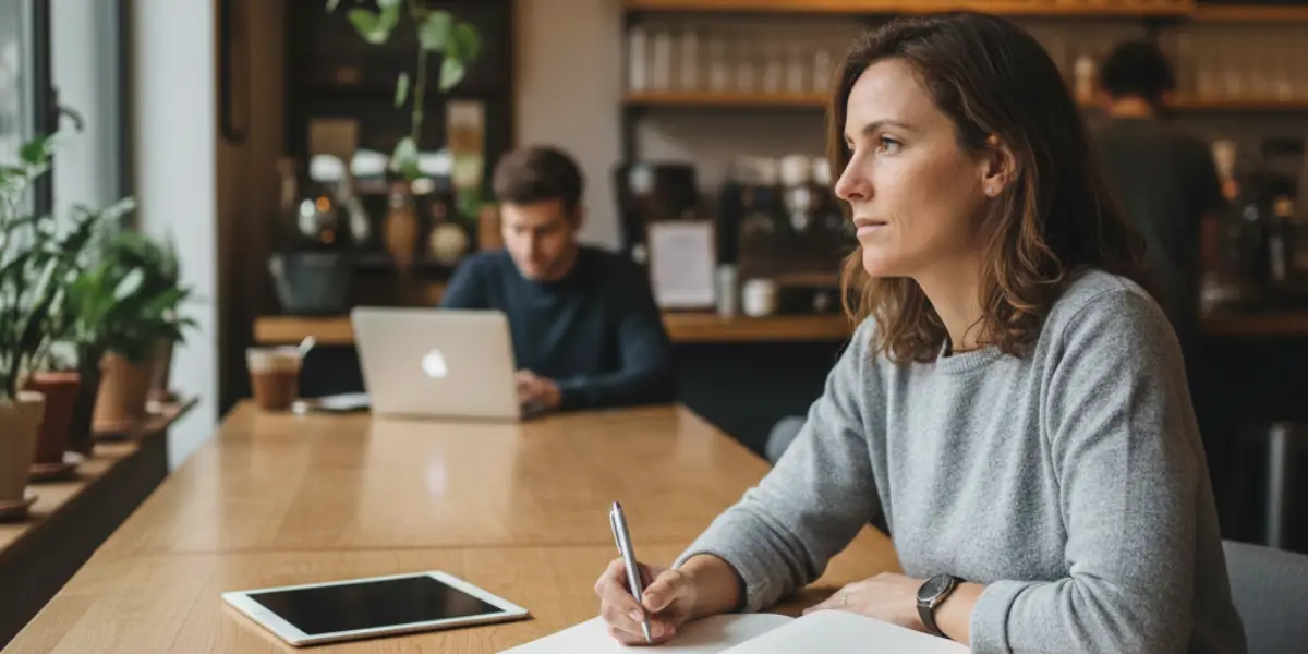 Femme réflechissant à la possibilité d’entreprendre à son bureau. (Image générée avec IA)